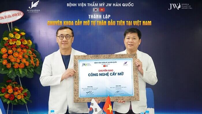 The signing ceremony of The Stem Cell Fat Grafting Method between Seul Chul-hwan PhD, MD and Nguyen Phan Tu Dung PhD, MD – Director of JW Korea Plastic Surgery Hospital, HCMC, Vietnam.